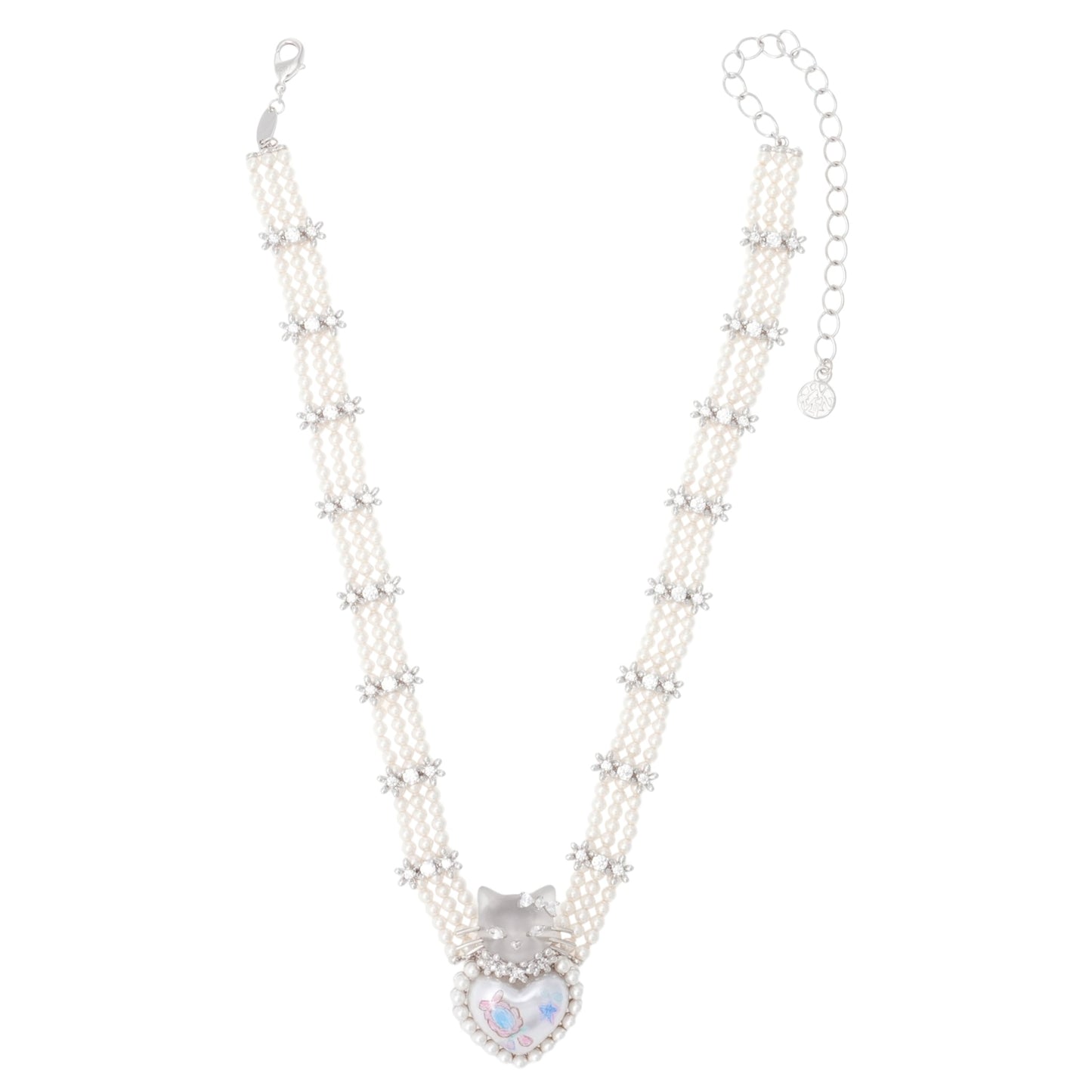 KITTEN HEART SHAPED PEARL NECKLACE / SILVER