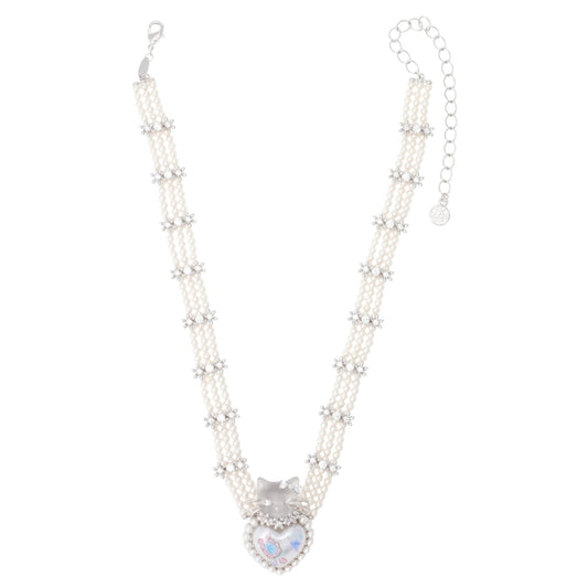 KITTEN HEART SHAPED PEARL NECKLACE / SILVER