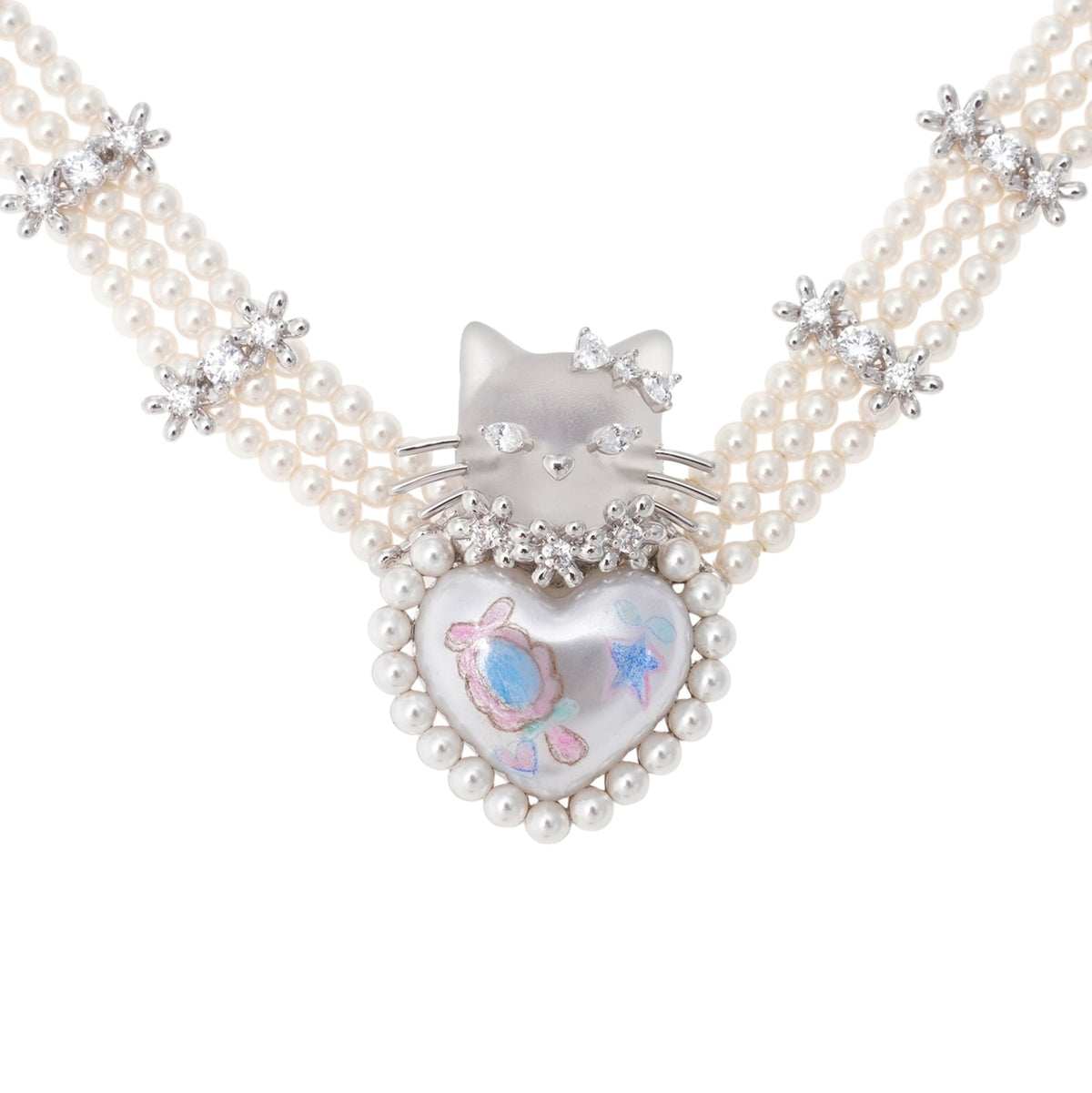 KITTEN HEART SHAPED PEARL NECKLACE / SILVER