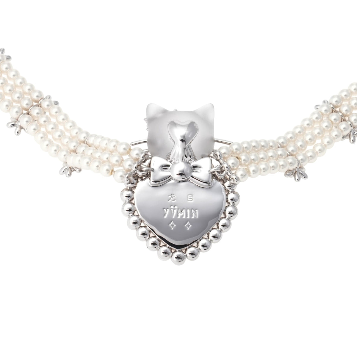 KITTEN HEART SHAPED PEARL NECKLACE / SILVER