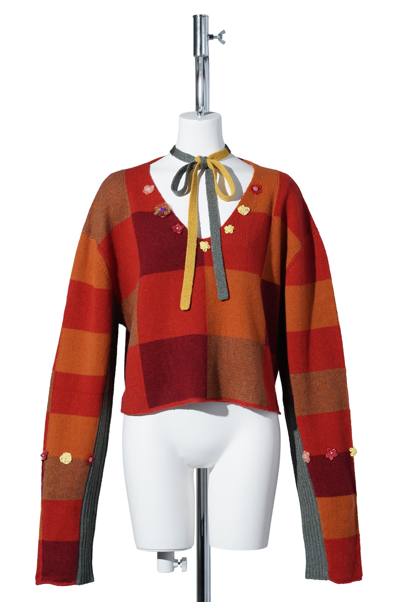 CHECK VNECK CROP PULLOVER / TOMATO