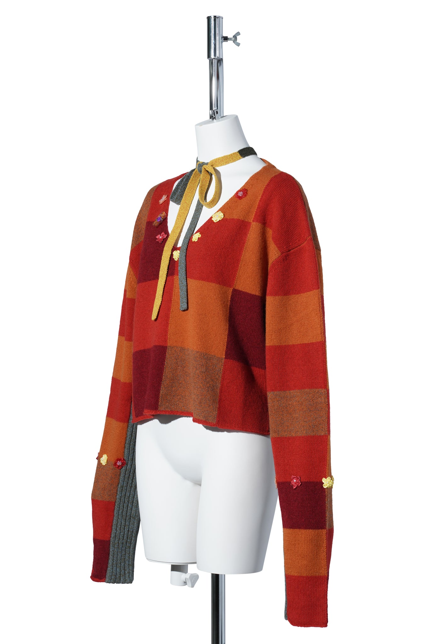 CHECK VNECK CROP PULLOVER / TOMATO