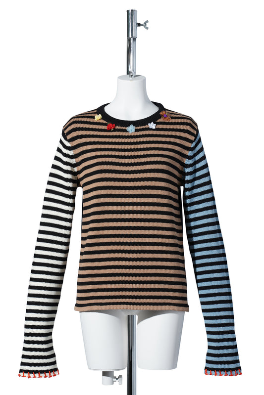 COTTON BAO STRIPE EASY LS CREW / BLACK/BEIGE