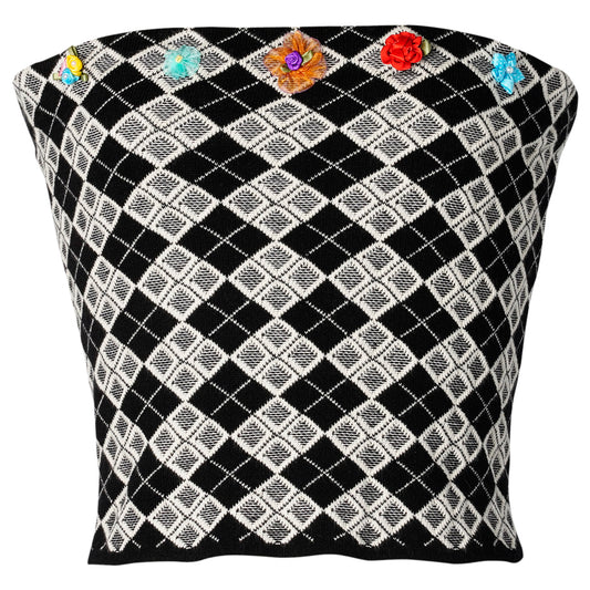 ARGYLE TUBE TOP W/ FLOWERS / BLACK/WHITE