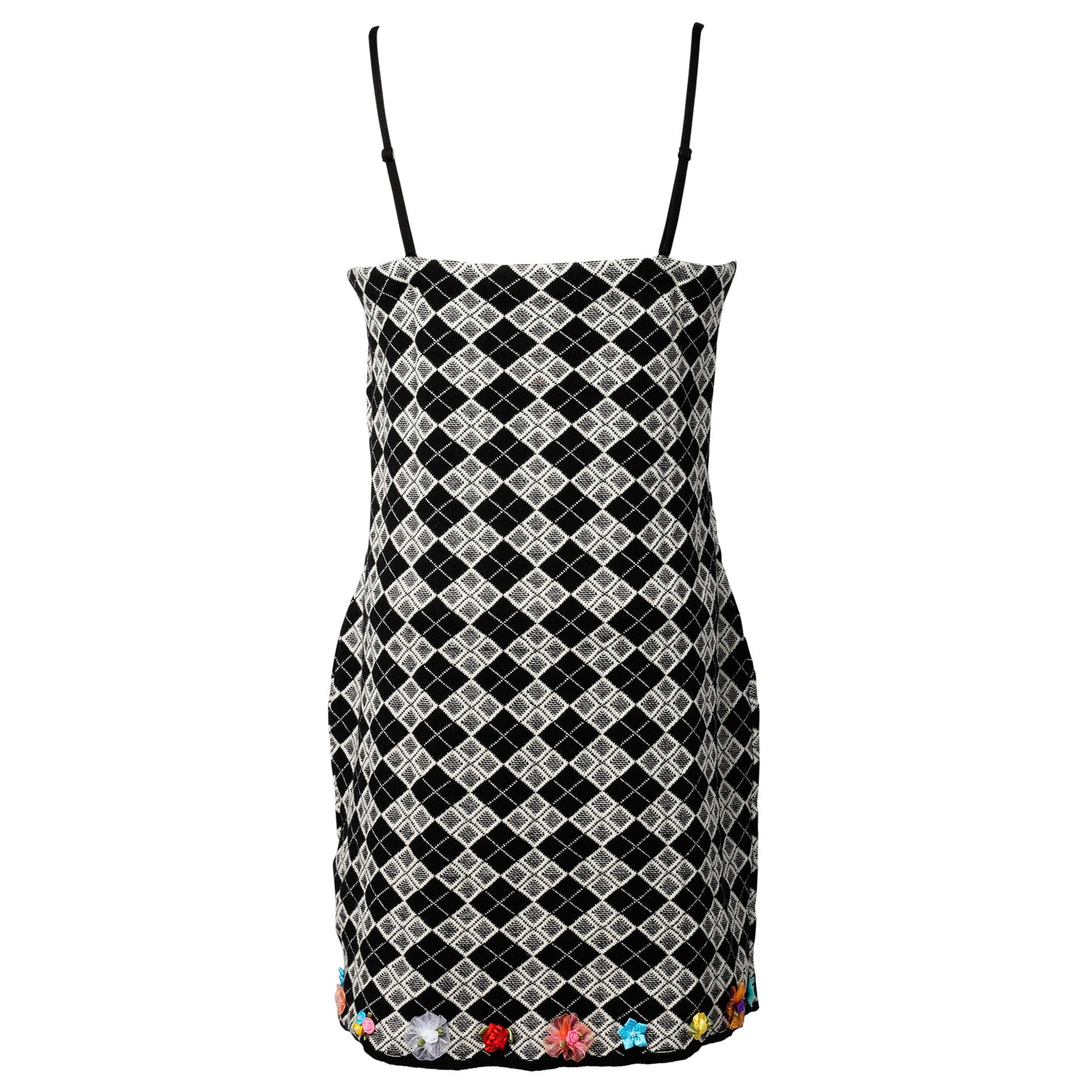 ARGYLE CAMI MINI DRESS W/ FLOWERS / BLACK/WHITE