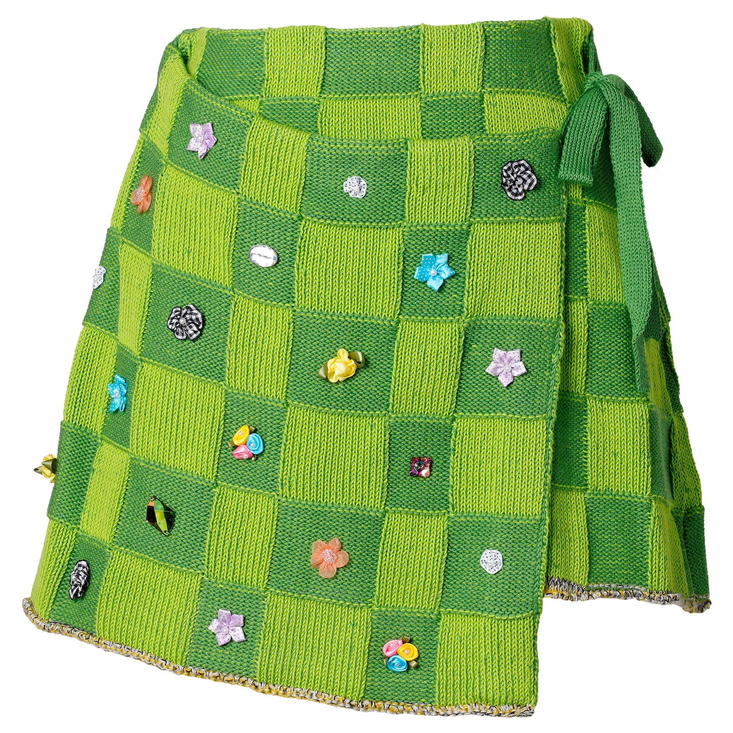 EMBELLISHED CHECK WRAP MINI SKIRT / GRASS GREEN