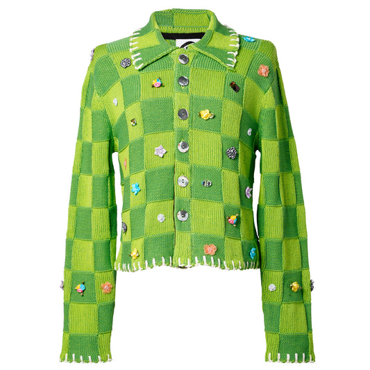 EMBELLISHED CHECK SHRUNKEN WORK JACKET / GRASS GREEN