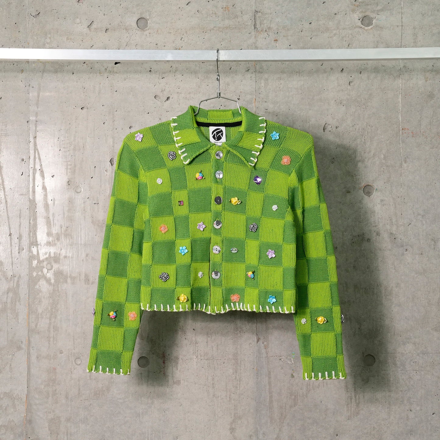 EMBELLISHED CHECK SHRUNKEN WORK JACKET / GRASS GREEN