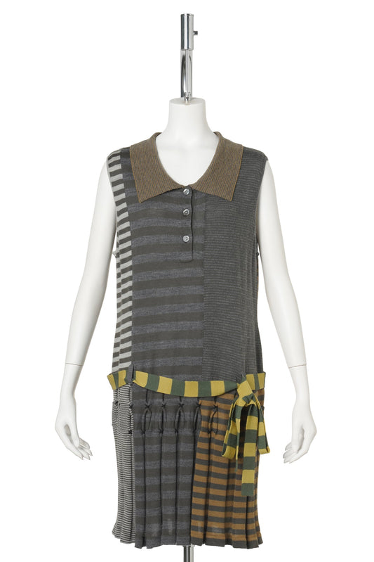 MISMATCH SLEEVELESS POLO DRESS / GREY MULTI