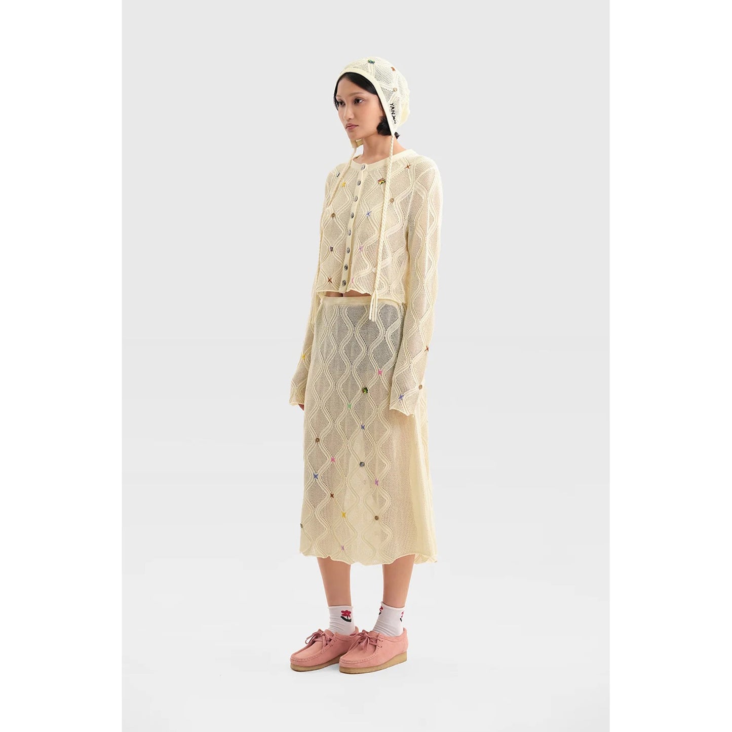 LATTICE BEANIE WITH STRING / IVORY