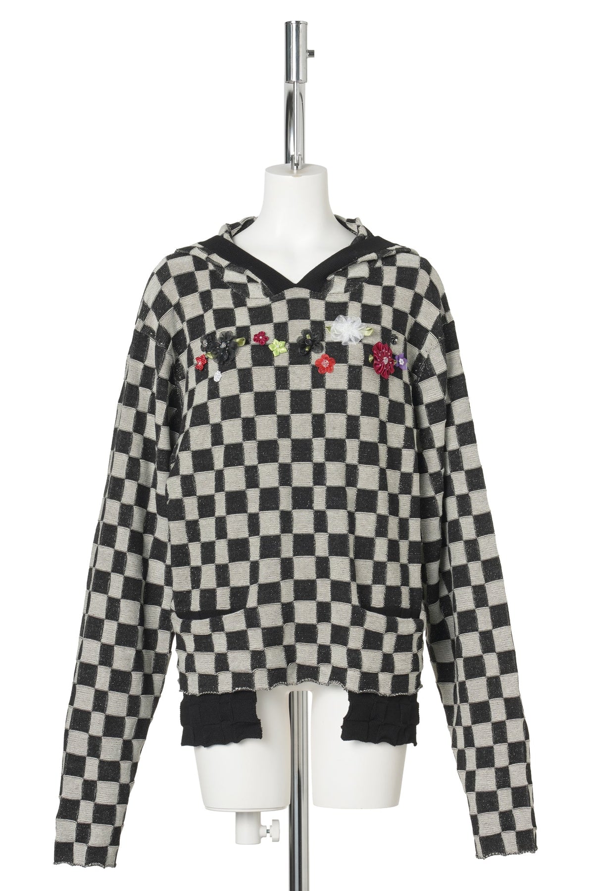 FLORAL CHECK HOODY PULLOVER / BLACK/IVORY