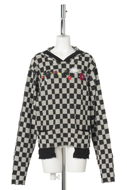 FLORAL CHECK HOODY PULLOVER / BLACK/IVORY