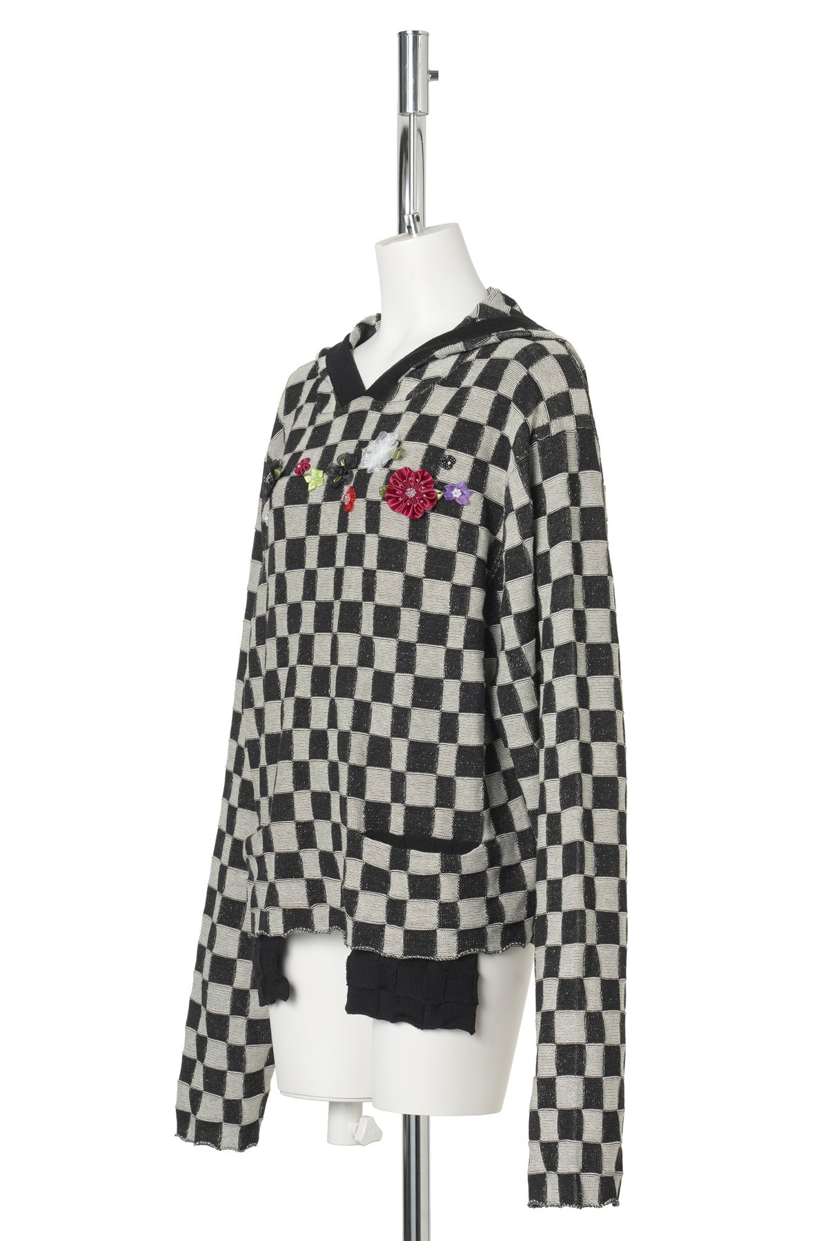 FLORAL CHECK HOODY PULLOVER / BLACK/IVORY