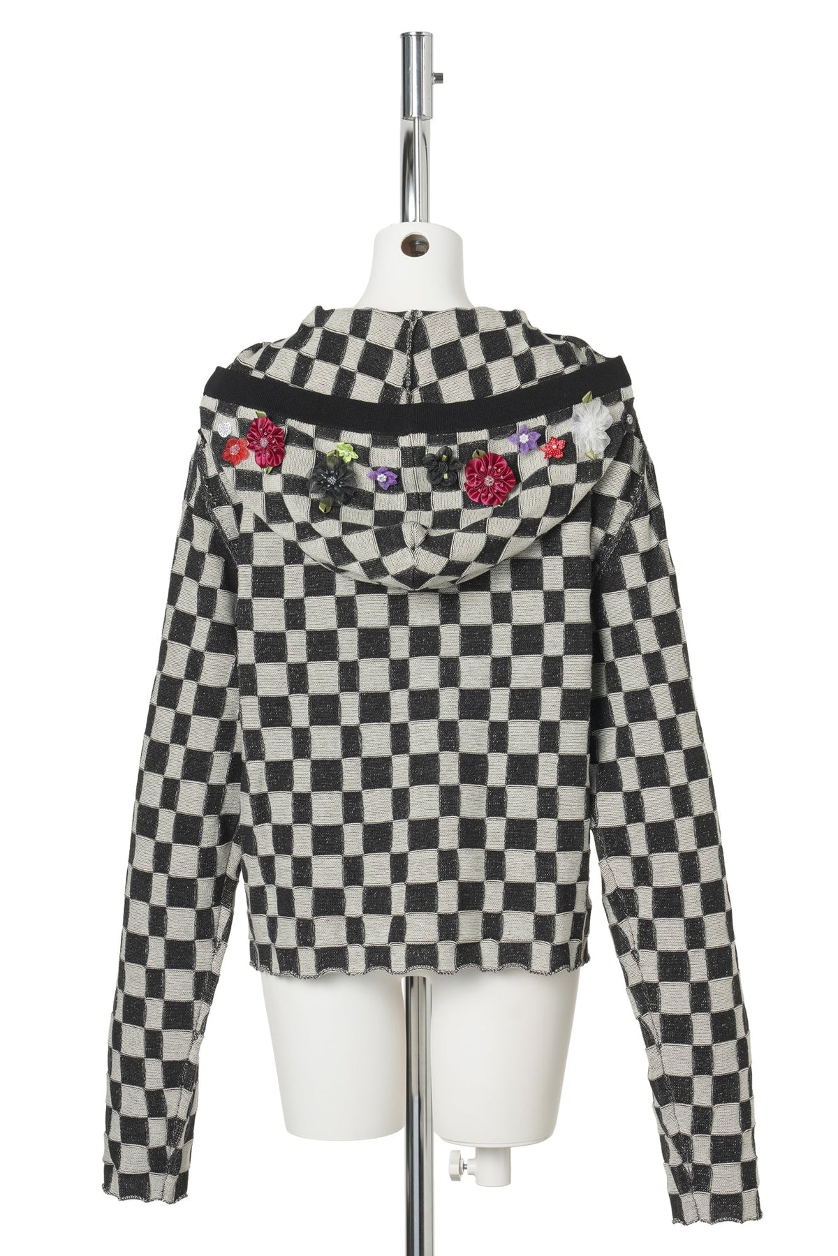 FLORAL CHECK HOODY PULLOVER / BLACK/IVORY