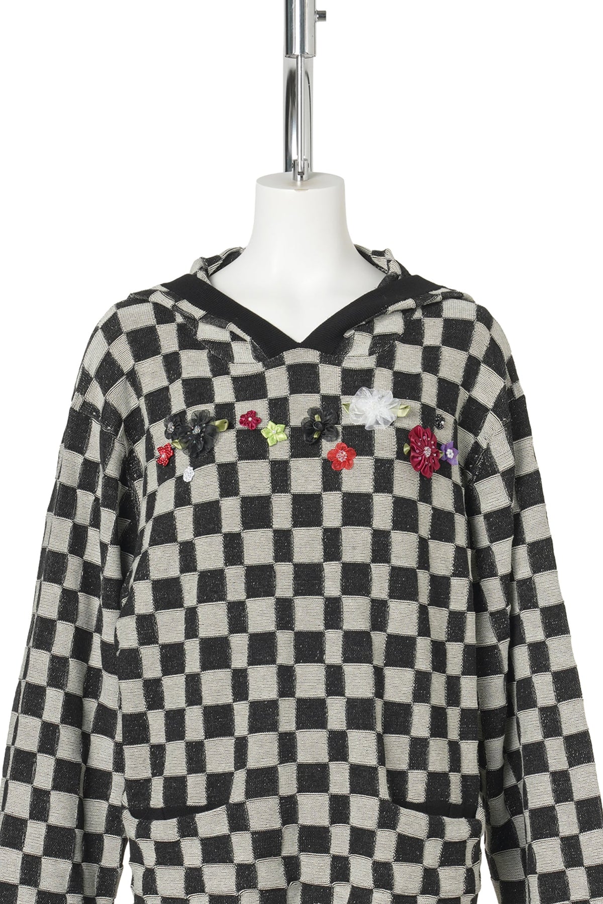 FLORAL CHECK HOODY PULLOVER / BLACK/IVORY