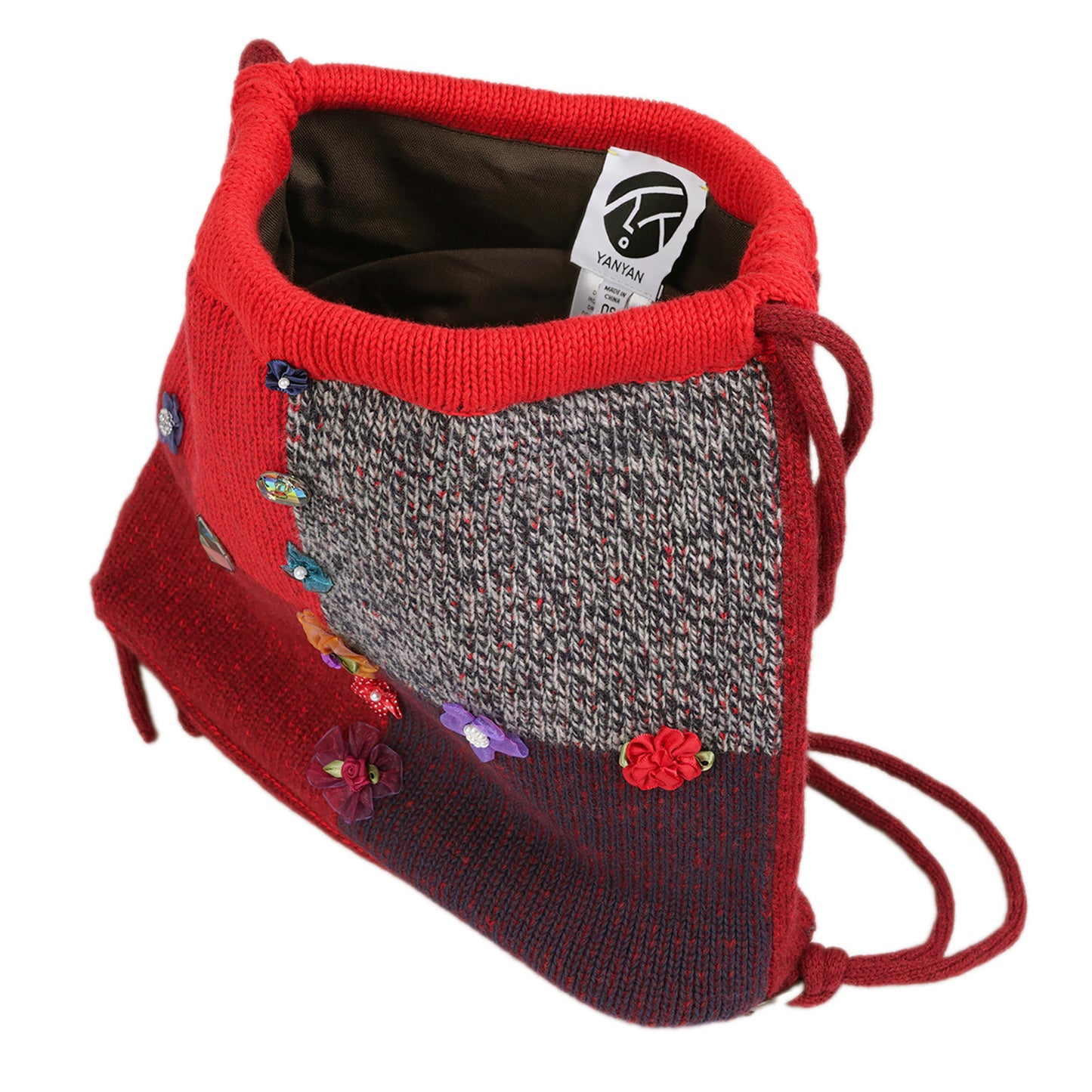 PLAITED CHECK DRAWSTRING BACKPACK / GREY/RED/NAVY