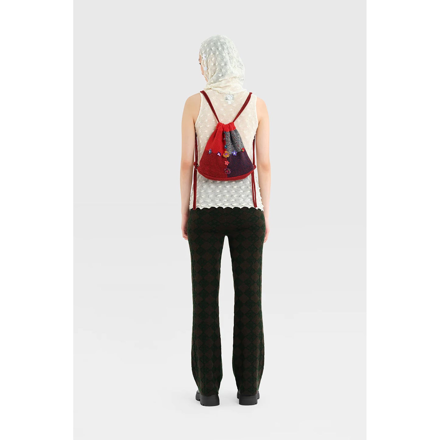 PLAITED CHECK DRAWSTRING BACKPACK / GREY/RED/NAVY