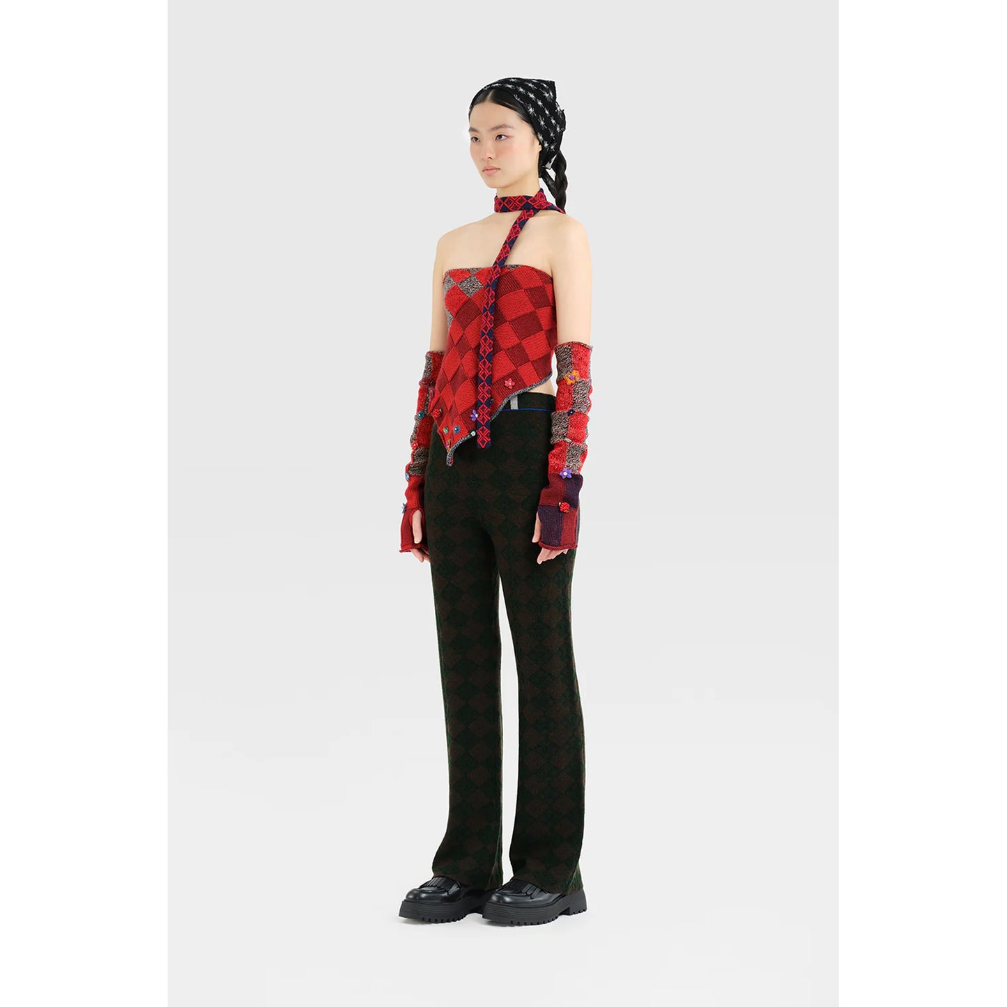 PLAITED CHECK ARM WARMER / GREY/RED
