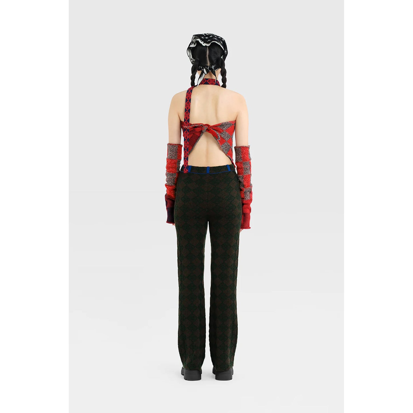 PLAITED CHECK ARM WARMER / GREY/RED