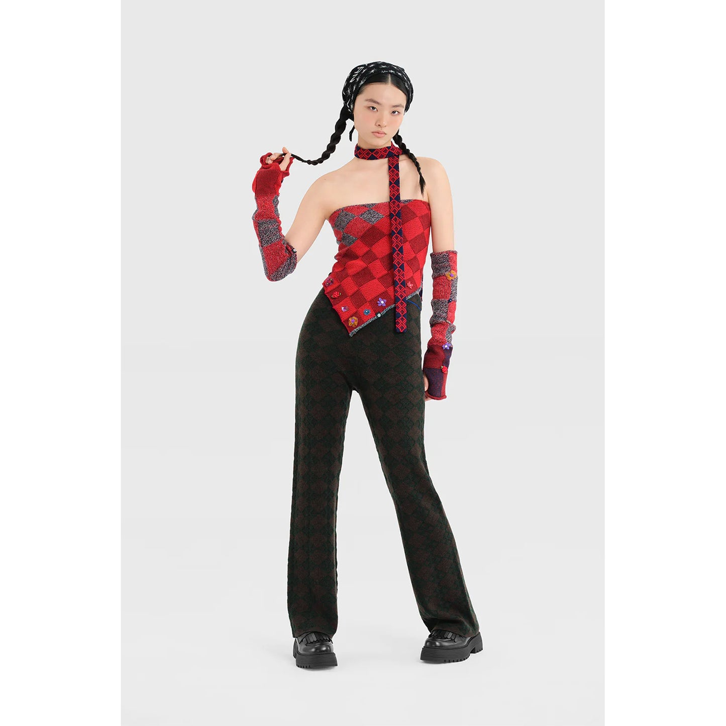 PLAITED CHECK ARM WARMER / GREY/RED