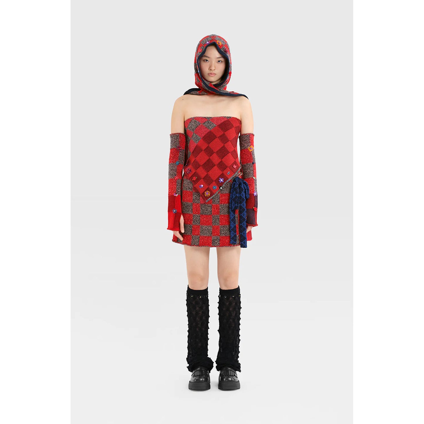 PLAITED CHECK ARM WARMER / GREY/RED