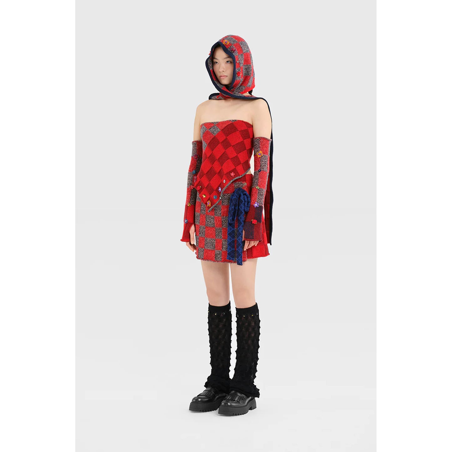 PLAITED CHECK ARM WARMER / GREY/RED