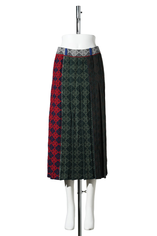 ARGYLE MIDI PLEATED SKIRT / BROWN/GREEN MULTI