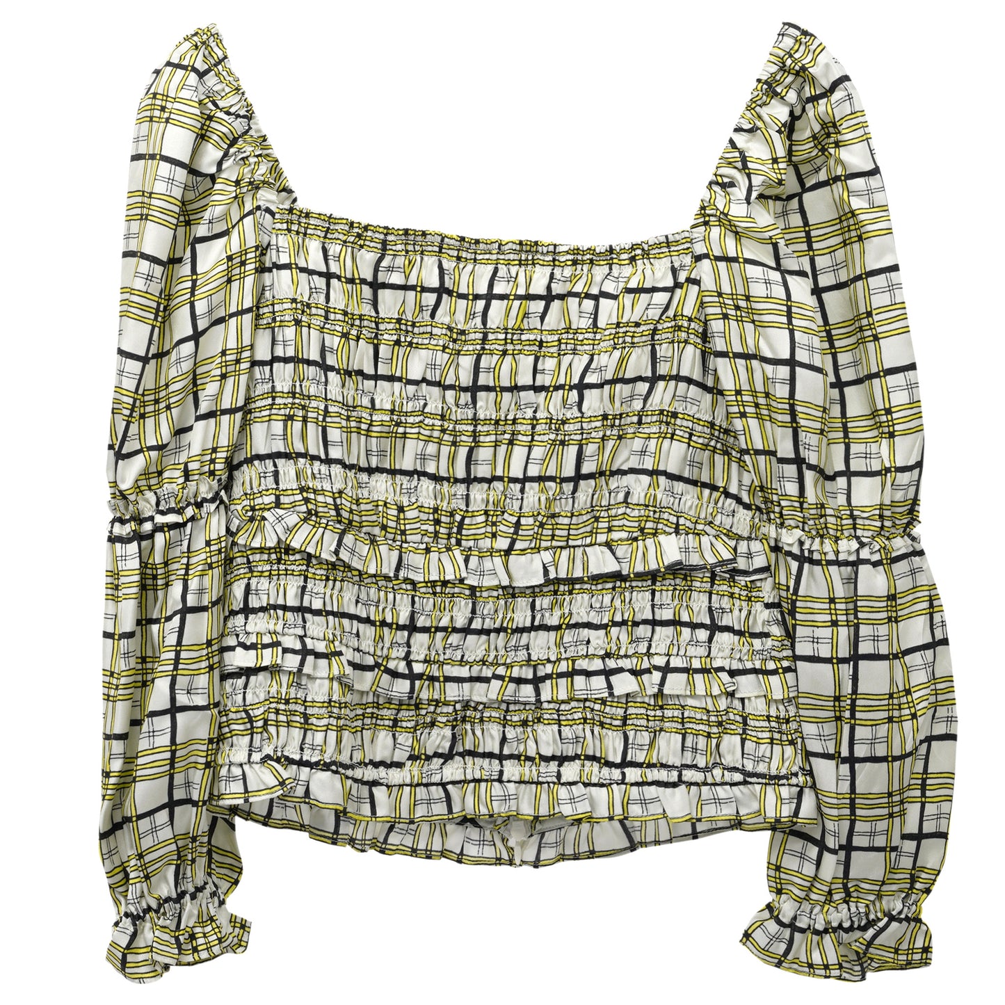 SMOCKED PANEL BLOUSE WITH PUFF SLEEVE / BLACK/YELLOW/WHITE