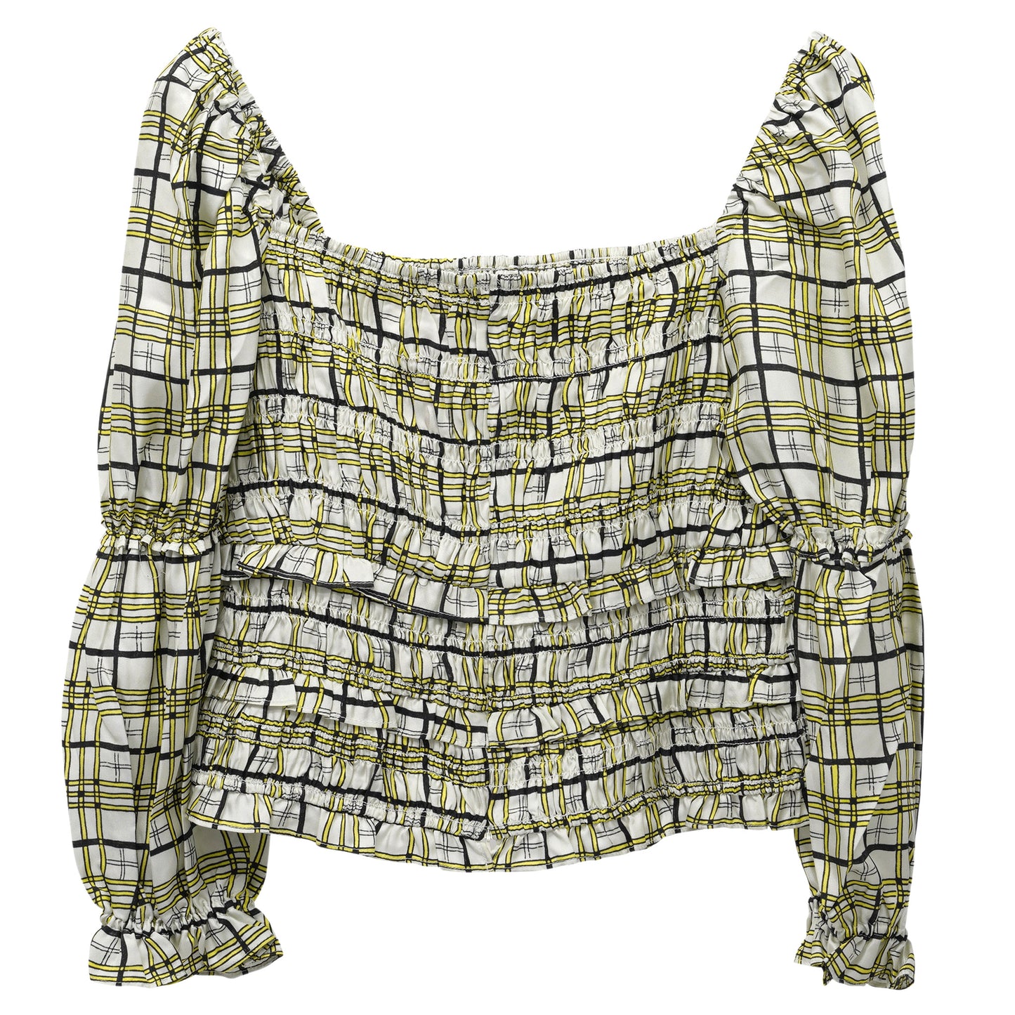 SMOCKED PANEL BLOUSE WITH PUFF SLEEVE / BLACK/YELLOW/WHITE